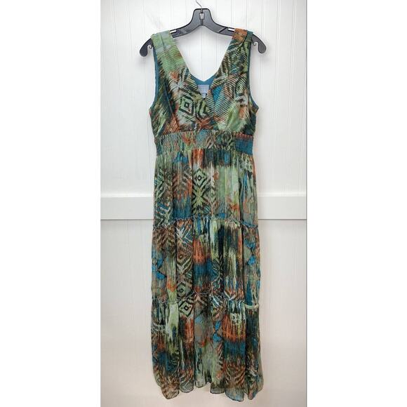 Rabbit Rabbit Rabbit Petite Maxi Dress Sz 12 Aztec/Tribal Pattern Green/Orange - Picture 1 of 11